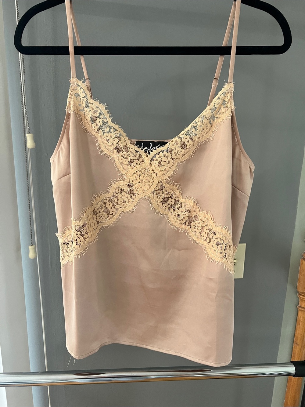 Lulu's Blush Satin Cami with Cream Lace Trim
